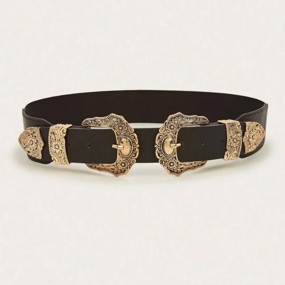 Elegant Black Belt with Gold Buckles